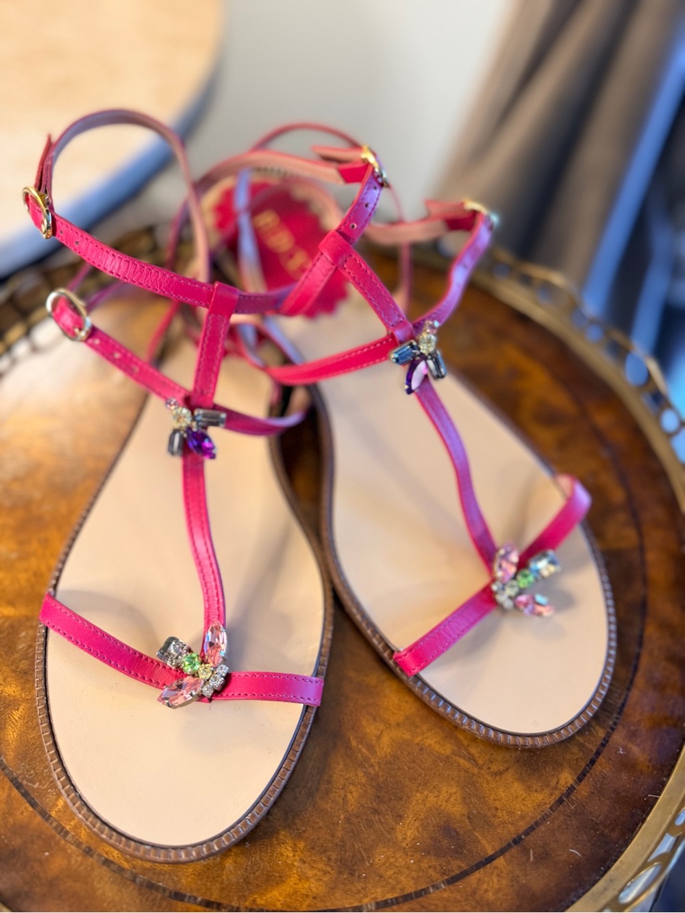 RED Valentino Hot Pink Jeweled T-Strap Sandals Authentic